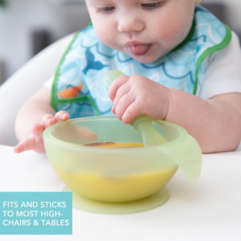 Bumkins Baby Bowl, Silicone Feeding Set with Suction for Baby and Toddler, Includes Spoon and Lid, First Feeding Set, Training Essentials for Baby Led Weaning for Babies 4 Months Up, Green Jelly - Image 3