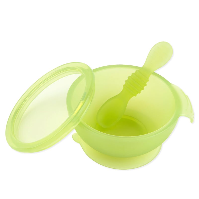 Bumkins Baby Bowl, Silicone Feeding Set with Suction for Baby and Toddler, Includes Spoon and Lid, First Feeding Set, Training Essentials for Baby Led Weaning for Babies 4 Months Up, Green Jelly - Image 1