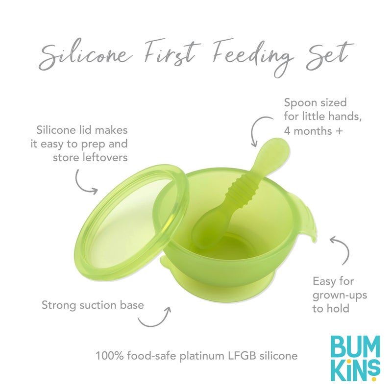 Bumkins Baby Bowl, Silicone Feeding Set with Suction for Baby and Toddler, Includes Spoon and Lid, First Feeding Set, Training Essentials for Baby Led Weaning for Babies 4 Months Up, Green Jelly - Image 5