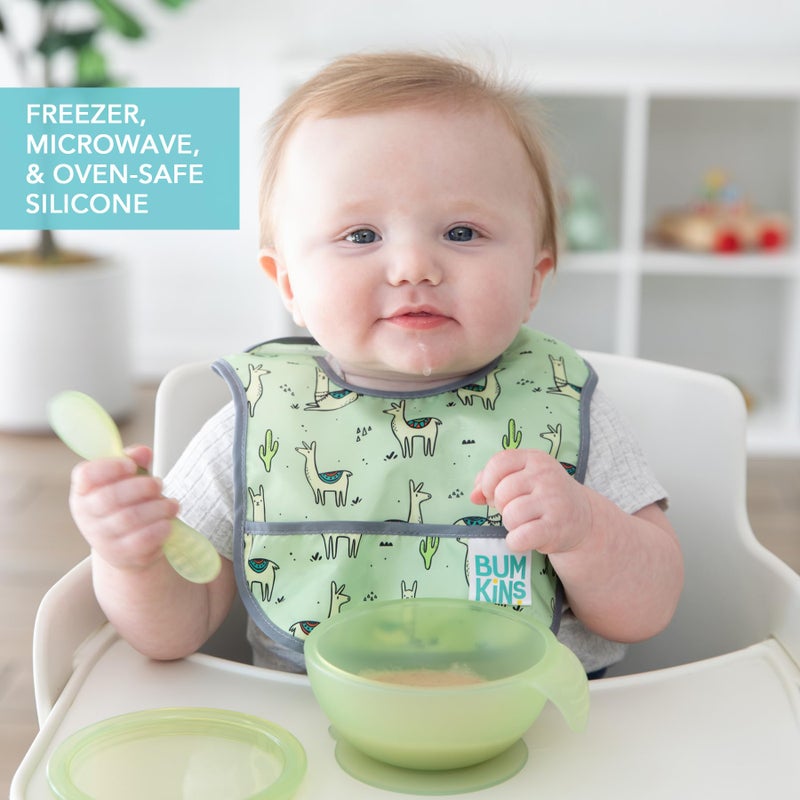 Bumkins Baby Bowl, Silicone Feeding Set with Suction for Baby and Toddler, Includes Spoon and Lid, First Feeding Set, Training Essentials for Baby Led Weaning for Babies 4 Months Up, Green Jelly - Image 4
