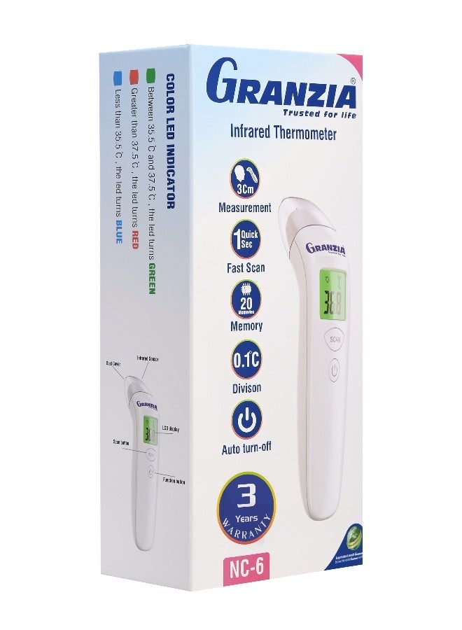 Granzia NC-6 – Non-Contact Infrared Thermometer for Babies & Children & Adults | 1-Second Reading, 3cm Distance, Color Display, 20-Reading Memory, Auto Shut-Off - Image 1