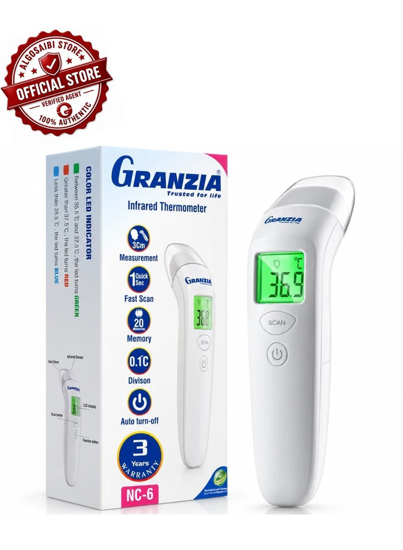Granzia NC-6 – Non-Contact Infrared Thermometer for Babies & Children & Adults | 1-Second Reading, 3cm Distance, Color Display, 20-Reading Memory, Auto Shut-Off - Image 1