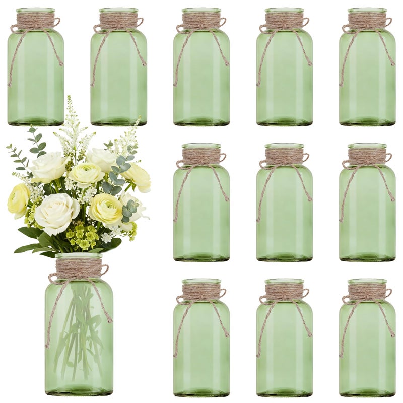 LEYIQU Vintage Glass Flower Vase, Farmhouse Glass Centerpiece Vases Mason Jars for Weddings, Parties & Home Decor Bulk (12, Green) - Image 1