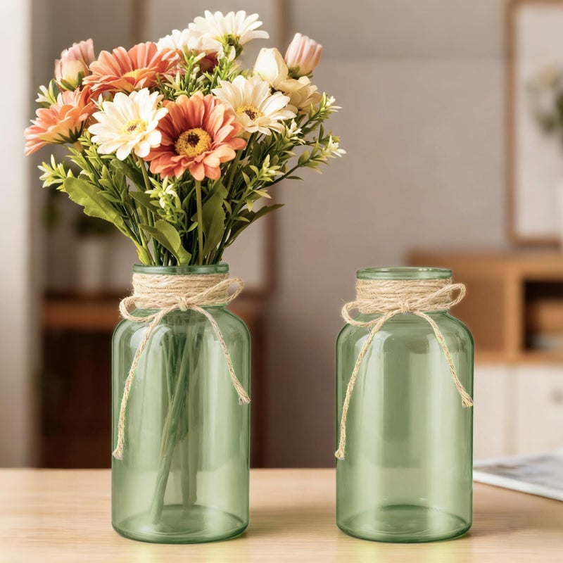 LEYIQU Vintage Glass Flower Vase, Farmhouse Glass Centerpiece Vases Mason Jars for Weddings, Parties & Home Decor Bulk (12, Green) - Image 3