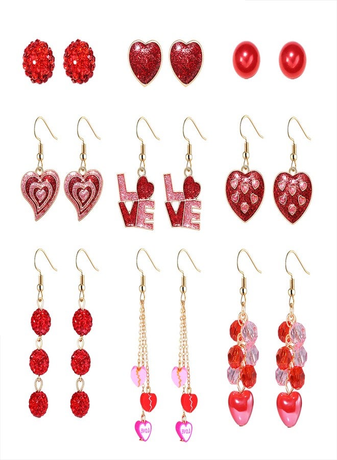 ARATLENCH Valentines Earrings Set Red Heart Earrings Glitter LOVE Rhinestone Crystal Beaded Drop Dangle Earrings Long Tassel XO XO Charm Earrings Love Kiss Letter Heishi Hoop Stud Earrings for Women (9 pairs valentine earrings) - Image 1