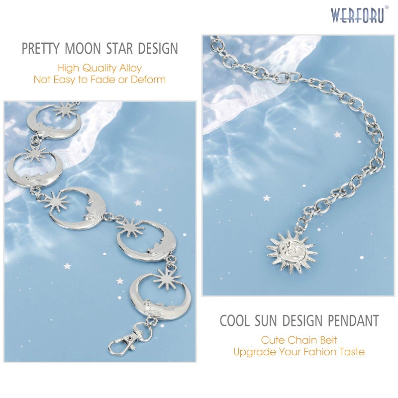WERFORU Women's Silver Metal Link Moon Star Body Chain Belt Ladies Waist Chain Belt for Jeans Dress,Silver, Suit for waist size below 46 Inches - Image 4