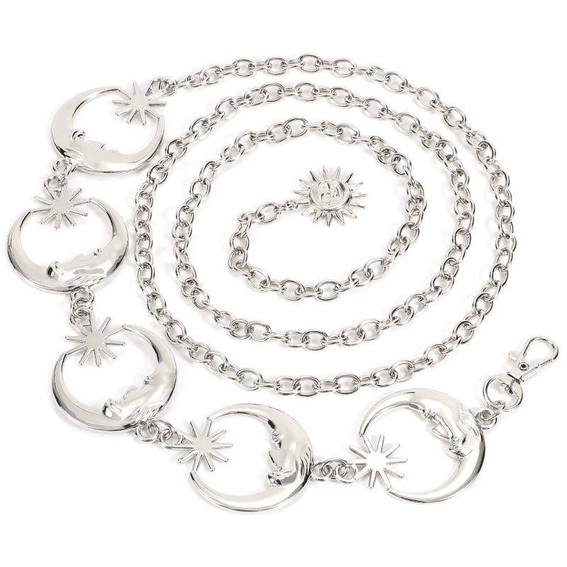 WERFORU Women's Silver Metal Link Moon Star Body Chain Belt Ladies Waist Chain Belt for Jeans Dress,Silver, Suit for waist size below 46 Inches - Image 1