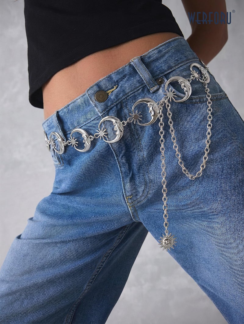 WERFORU Women's Silver Metal Link Moon Star Body Chain Belt Ladies Waist Chain Belt for Jeans Dress,Silver, Suit for waist size below 46 Inches - Image 3