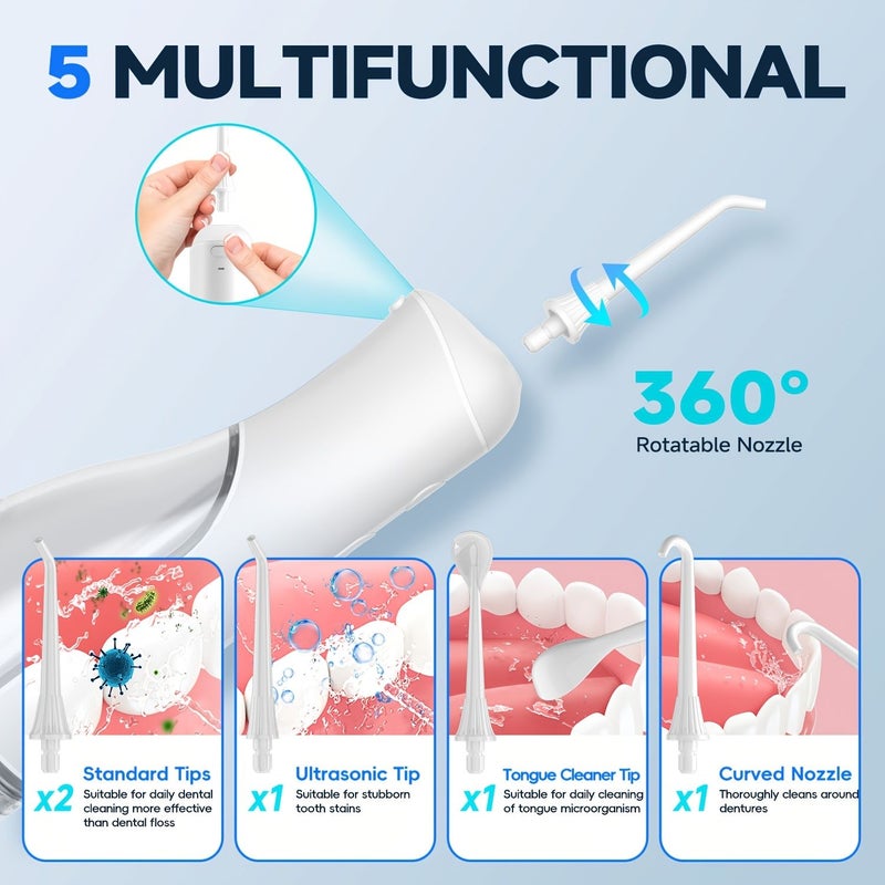 The New Portable Water Flosser 5 Modes 3 Levels 15 Brushing Options Ipx7 Detachable 10.14oz Large Water Tank For Gifts Personal Use White - Image 5