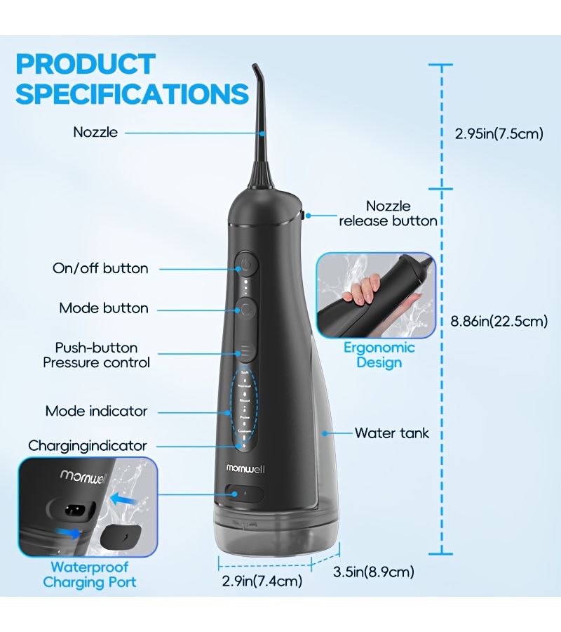 The New Portable Water Flosser 5 Modes 3 Levels 15 Brushing Options Ipx7 Detachable 10.14oz Large Water Tank For Gifts Personal Use White - Image 3