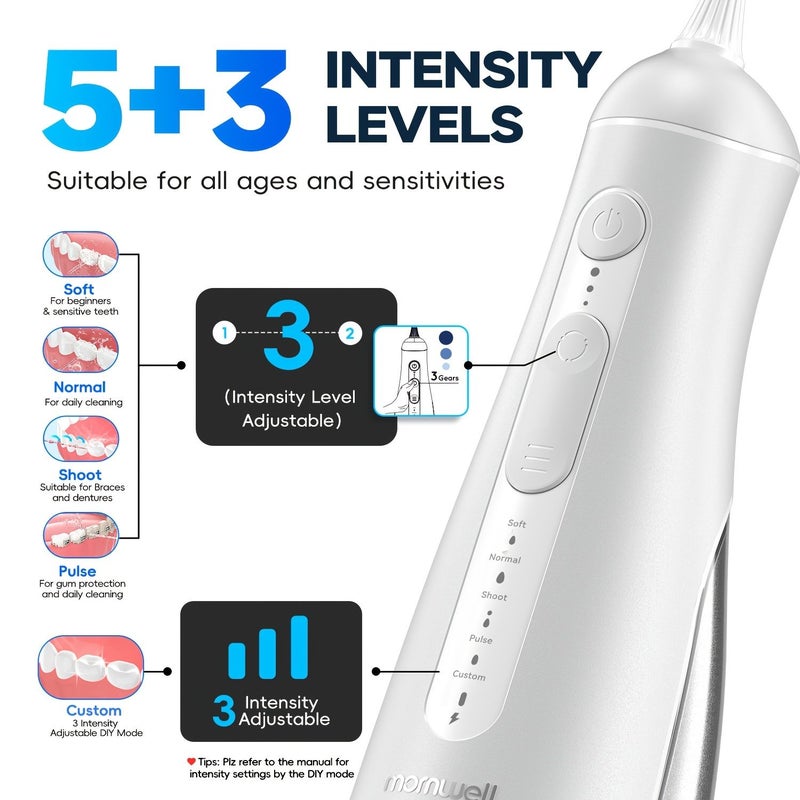 The New Portable Water Flosser 5 Modes 3 Levels 15 Brushing Options Ipx7 Detachable 10.14oz Large Water Tank For Gifts Personal Use White - Image 4