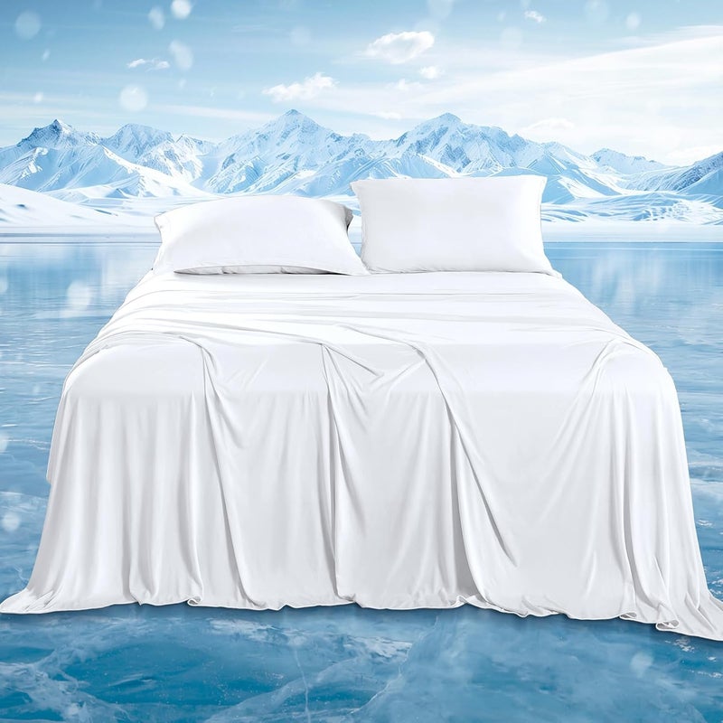 DOWNCOOL 4-Piece Cooling Sheet Set Full Size, Cooling Bed Sheets for Hot Sleepers and Night Sweats, Q-Max>0.4, Soft & Breathable Summer Bedding Sheets, Deep Pocket Up to 15", White - Image 1