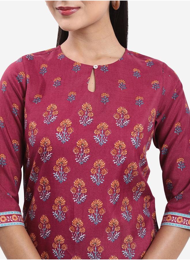 Vishudh Maroon Keyhole Neck Floral Printed Kurti by Styli  - Image 5