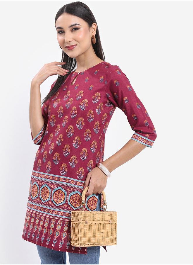 Vishudh Maroon Keyhole Neck Floral Printed Kurti by Styli  - Image 1
