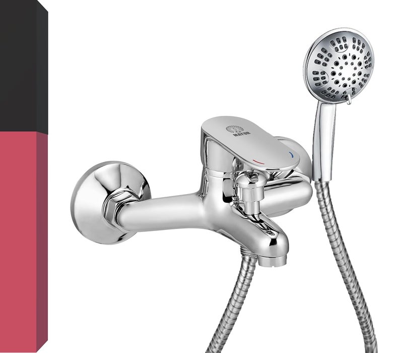 MAYUR MAYUR CICH Brass Single Lever Wall Mixer With 5Function Hand Shower With SS304 Grade 125 Meter Flexible Tube and Crutch Chrome Finish OPAL 