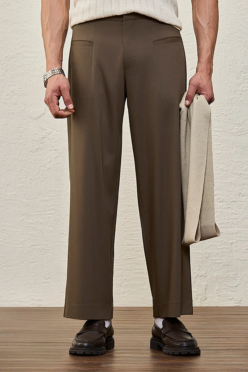 سنيتش Brown Solid Wide Fit Formal Trousers