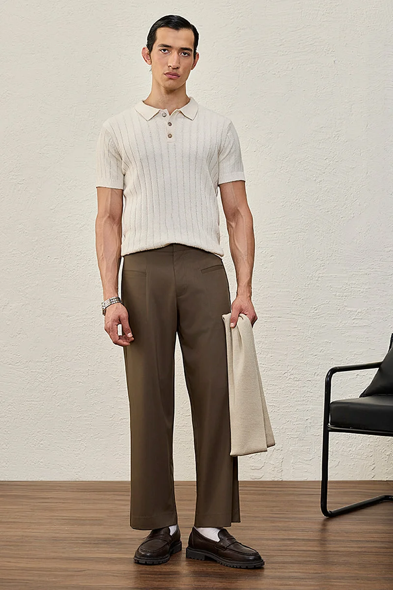 سنيتش Brown Solid Wide Fit Formal Trousers