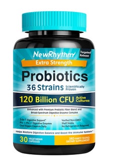 NewRhythm Probiotics 120 Billion Cfu 36 Strains 3 In 1 Digestive & Immune Support With Prebiotics & Enzymes Targeted Release Stomach Acid Resistant No Refrigeration Non Gmo 30 Vegan Capsule  - Image 1