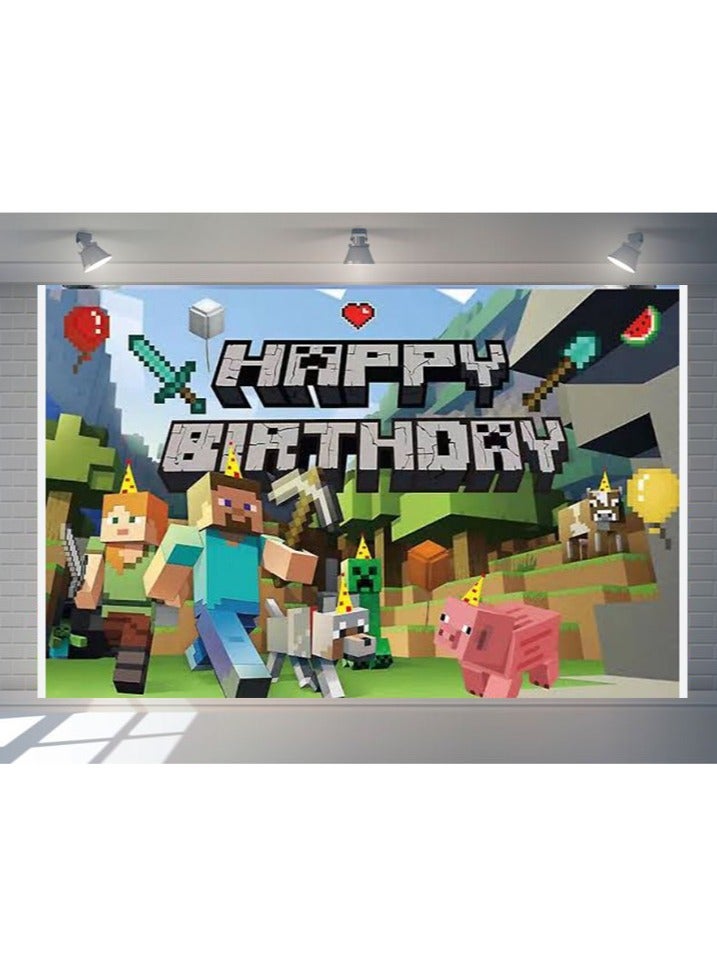 بارتي ماين كرافت عيد ميلاد الخلفية ماين كرافت موضوع الأطفال عيد ميلاد حزب صور القماش راية 3D يمكن استخدامها مع البالونات ، حجم كبير 150 * 100 سم - Image 1
