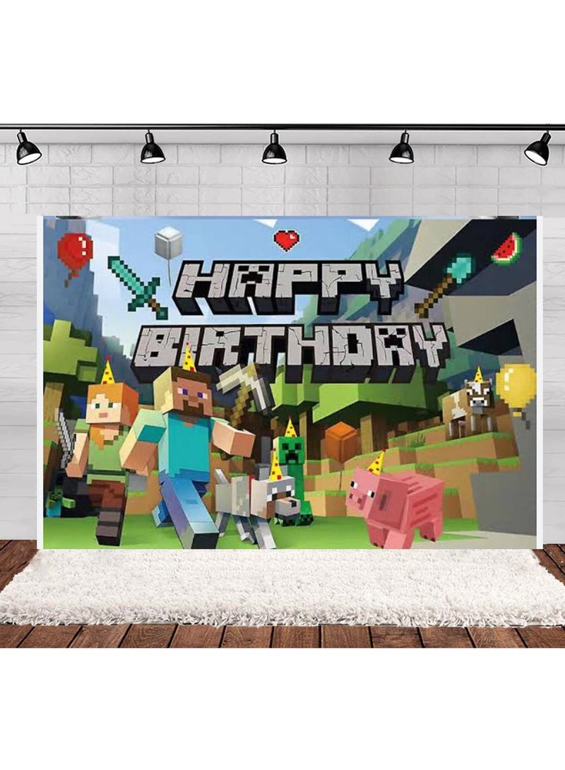 بارتي ماين كرافت عيد ميلاد الخلفية ماين كرافت موضوع الأطفال عيد ميلاد حزب صور القماش راية 3D يمكن استخدامها مع البالونات ، حجم كبير 150 * 100 سم - Image 2
