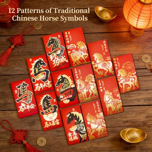 Comemela 2026 Year of the Horse Red Envelopes, 12 Designs Hong Bao Chinese Lunar New Year Lucky Money Envelopes for Spring Festival, Wedding, Birthday - Image 4