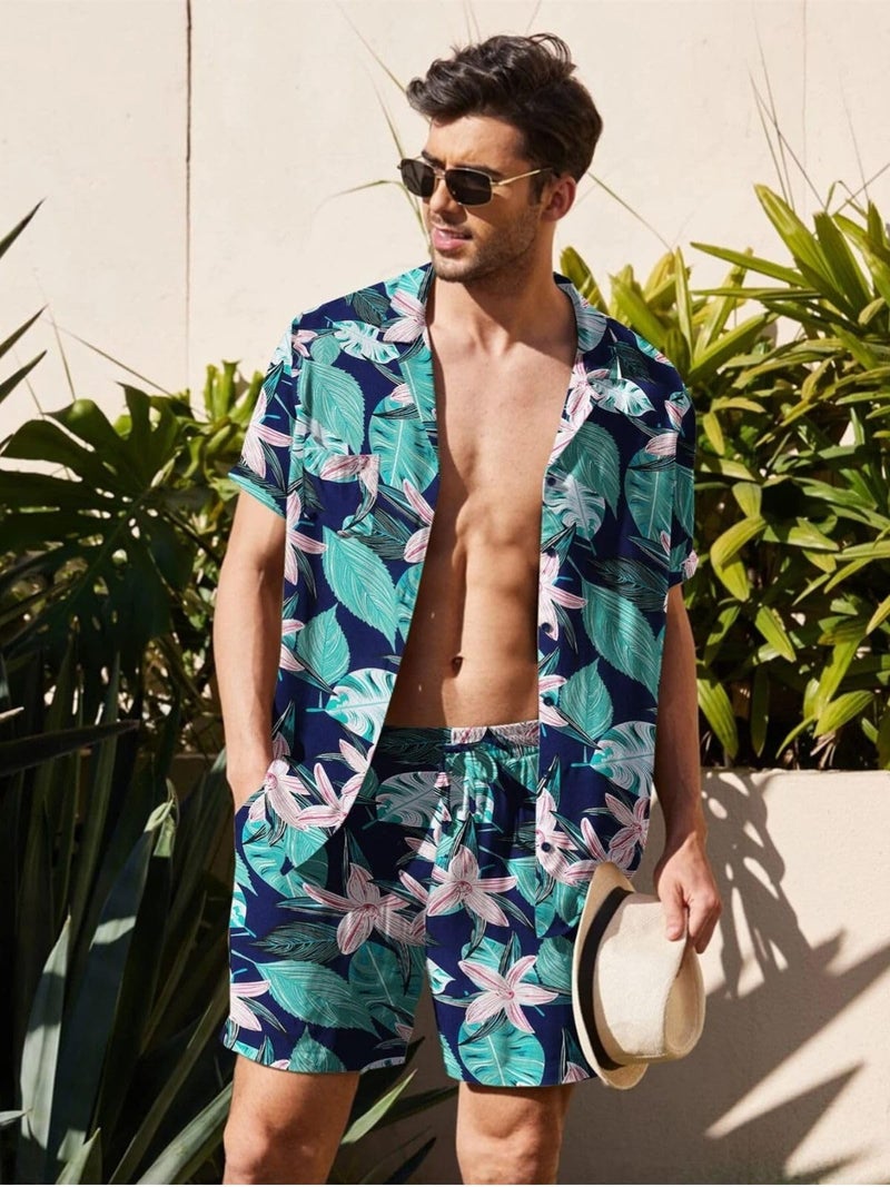 GRECIILOOKS Co Ord Set for Men | Trendy Night Dress for Boys | Shirt and Shorts Combo for Lounge | Stylish Summer and Travel Outfit | Men's Matching Two-Piece for Vacation Blue - Image 4