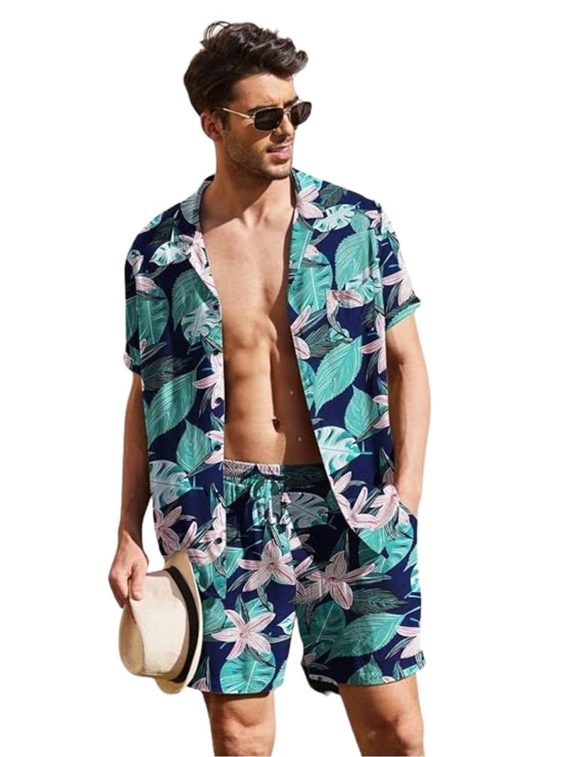 GRECIILOOKS Co Ord Set for Men | Trendy Night Dress for Boys | Shirt and Shorts Combo for Lounge | Stylish Summer and Travel Outfit | Men's Matching Two-Piece for Vacation Blue - Image 1