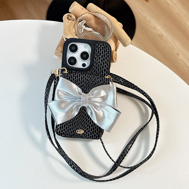 Bow Snake Skin Pattern Same Style Wallet Card Holder Mobile Phone Case Suitable for Apple 17 Crossbody Rope iPhone 16 Leather 15 - Image 1