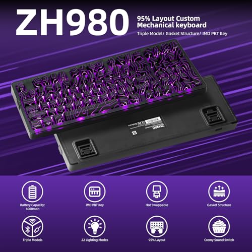 ZORNHER ZH980 Wireless Mechanical Gaming Keyboard,95% Black Hot-Swappable Custom Creamy Keyboard with Number Pad,Black Topographic Keycaps,Creamy Sounding Linear Switches,Full Size,2.4GHz/USB-C/BT5.0 - Image 2