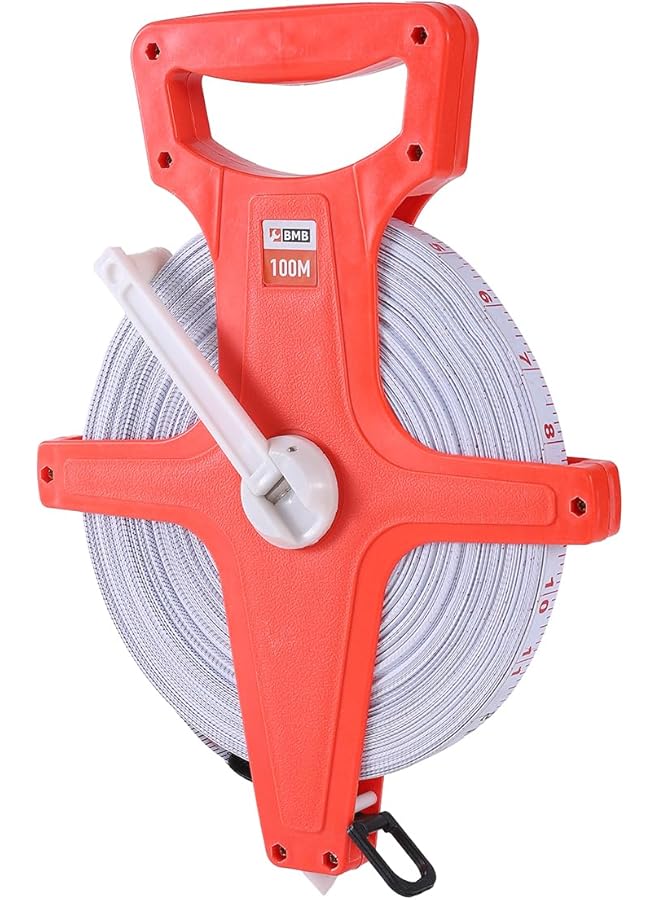 بي إم بي تولز شريط قياس من الألياف الزجاجية بطول 100 متر لقياس المسافات الطويلة والكسور والمقاييس المترية، شريط قياس مميز للمضمار والميدان مفتوح البكرة للمقاولين ومصممي المناظر الطبيعية والبناء والمساحة الأرضية - Image 1