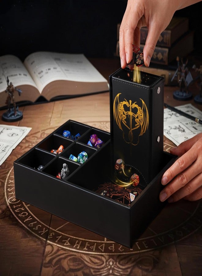 Grajar DND Dice Tray and Dice Tower with Storage, 3 in 1 Dice Rolling Tray with Lid, Portable Dice Box Storage, DND dice Holder for Dungeons and Dragons D&D RPG MTG Table Games - Golden - Image 3