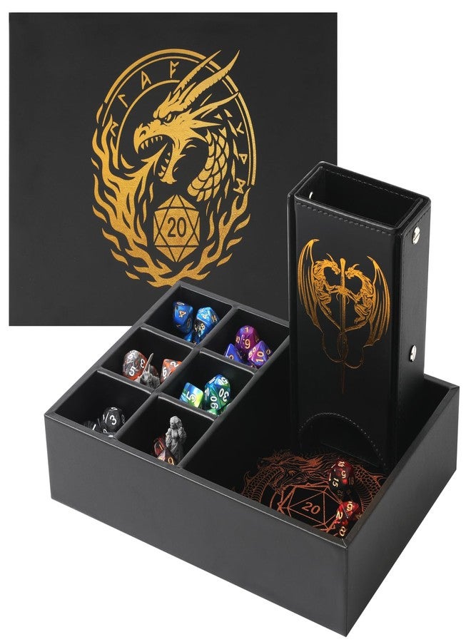 Grajar DND Dice Tray and Dice Tower with Storage, 3 in 1 Dice Rolling Tray with Lid, Portable Dice Box Storage, DND dice Holder for Dungeons and Dragons D&D RPG MTG Table Games - Golden - Image 1