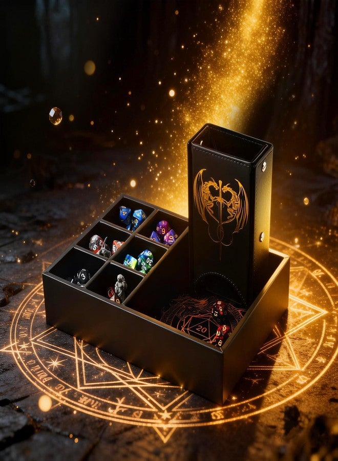 Grajar DND Dice Tray and Dice Tower with Storage, 3 in 1 Dice Rolling Tray with Lid, Portable Dice Box Storage, DND dice Holder for Dungeons and Dragons D&D RPG MTG Table Games - Golden - Image 2