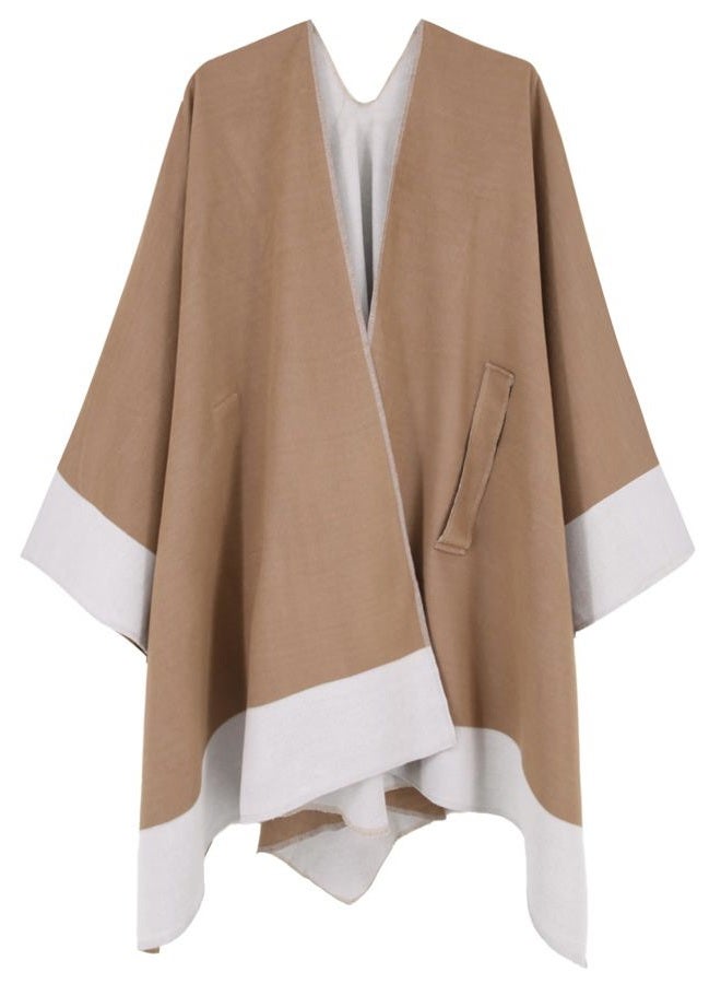 Moss Rose Women's Shawl Wrap Poncho Ruana Cape Open Front Cardigan with Belt for Fall Winter Camel+off White - Image 5