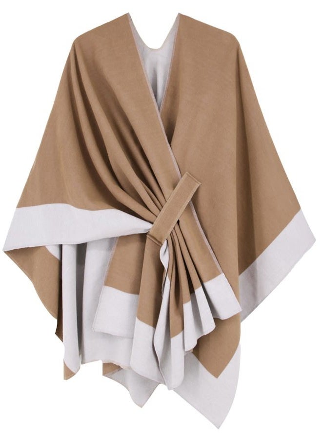 Moss Rose Women's Shawl Wrap Poncho Ruana Cape Open Front Cardigan with Belt for Fall Winter Camel+off White - Image 1