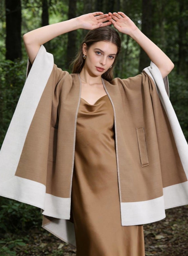 Moss Rose Women's Shawl Wrap Poncho Ruana Cape Open Front Cardigan with Belt for Fall Winter Camel+off White - Image 3
