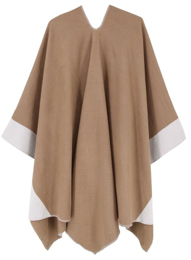 Moss Rose Women's Shawl Wrap Poncho Ruana Cape Open Front Cardigan with Belt for Fall Winter Camel+off White - Image 4