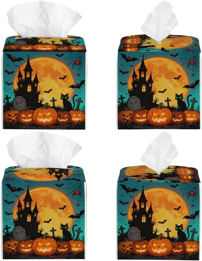 Halloween Pumpkin Castle Halloween PU Leather Square Tissue Box Cover - Colorful Decorative Holder for Car, Bathroom, Bedroom & Desk - Image 2