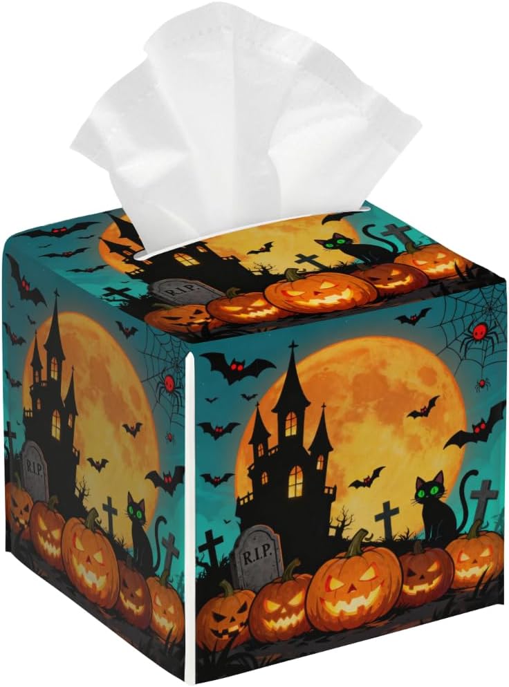 Halloween Pumpkin Castle Halloween PU Leather Square Tissue Box Cover - Colorful Decorative Holder for Car, Bathroom, Bedroom & Desk - Image 1