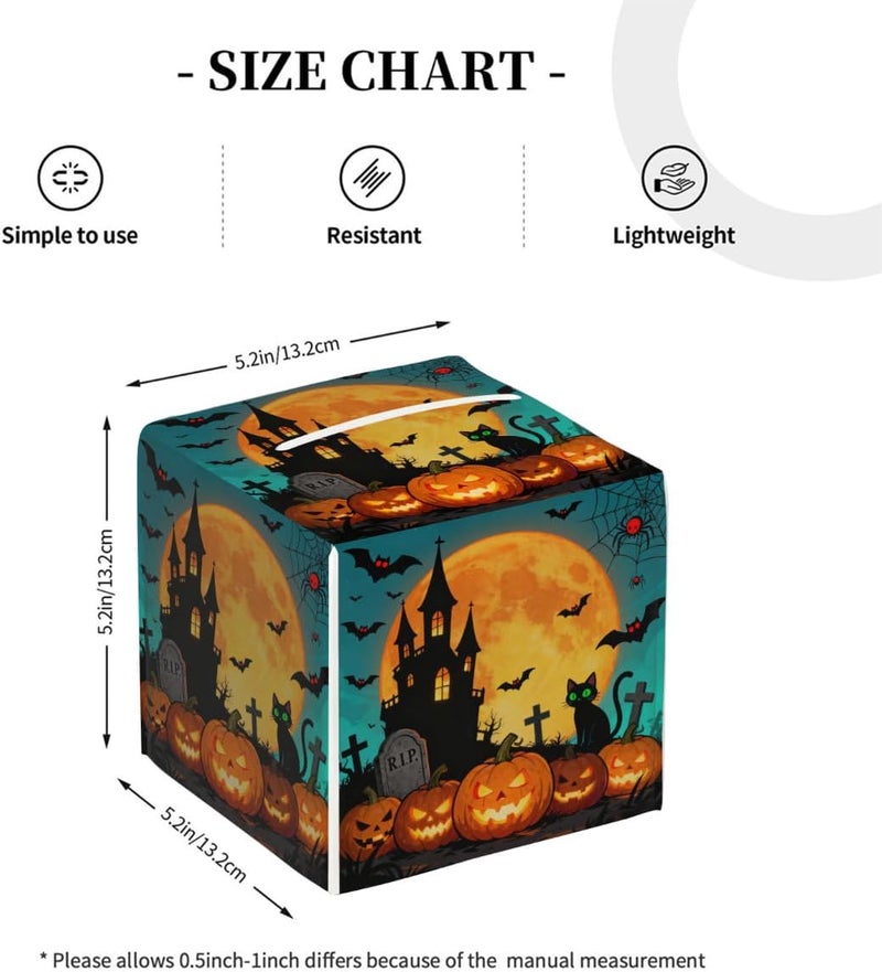 Halloween Pumpkin Castle Halloween PU Leather Square Tissue Box Cover - Colorful Decorative Holder for Car, Bathroom, Bedroom & Desk - Image 4