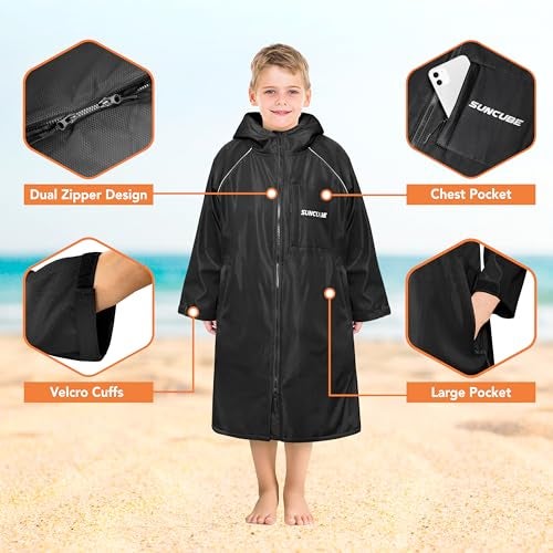 Suncube SUN CUBE Swim Parka Boy Girl, Unisex Kids Hooded Changing Robe with Water Resistant Shell and Warm Fleece Lining for Swimming, Surfing, Triathlon, Water Sports, Black - Image 4