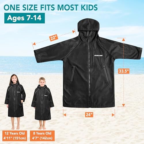 Suncube SUN CUBE Swim Parka Boy Girl, Unisex Kids Hooded Changing Robe with Water Resistant Shell and Warm Fleece Lining for Swimming, Surfing, Triathlon, Water Sports, Black - Image 2