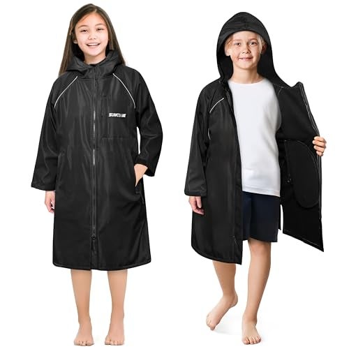 Suncube SUN CUBE Swim Parka Boy Girl, Unisex Kids Hooded Changing Robe with Water Resistant Shell and Warm Fleece Lining for Swimming, Surfing, Triathlon, Water Sports, Black - Image 1
