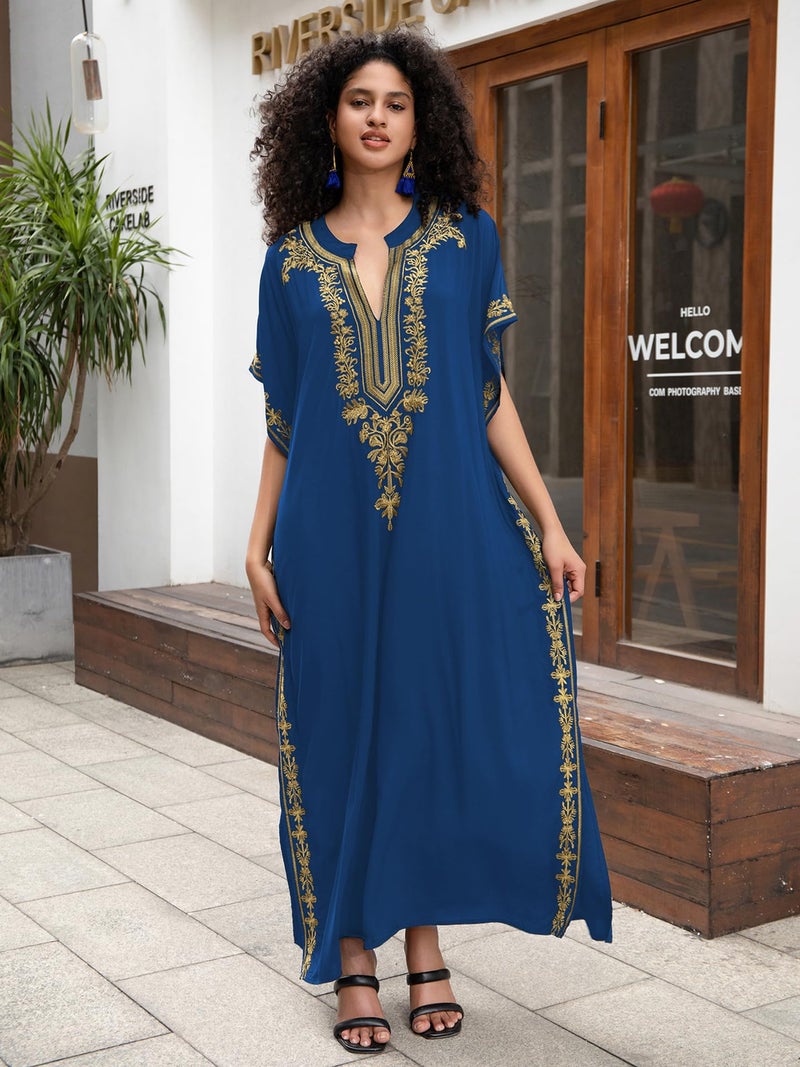 KECVOT Kaftan Dresses for Women Embroidered Short Sleeve V-neck Plus Size Caftan Bikini Swimsuit Cover-Up Long Beach Dress - Image 2