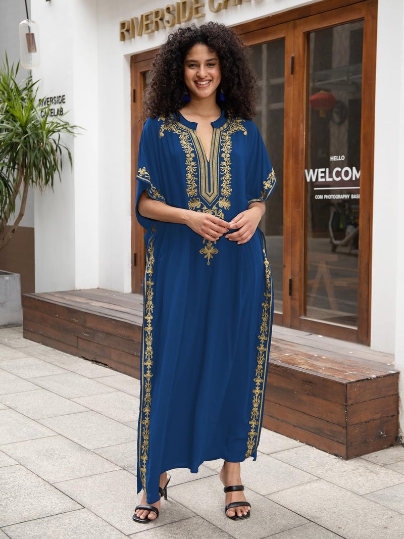 KECVOT Kaftan Dresses for Women Embroidered Short Sleeve V-neck Plus Size Caftan Bikini Swimsuit Cover-Up Long Beach Dress - Image 3
