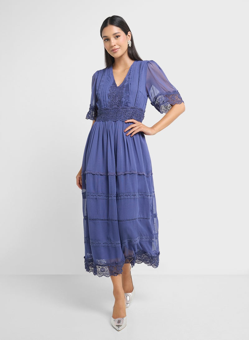 YAS Lace Trimmed Midi Dress - Image 1