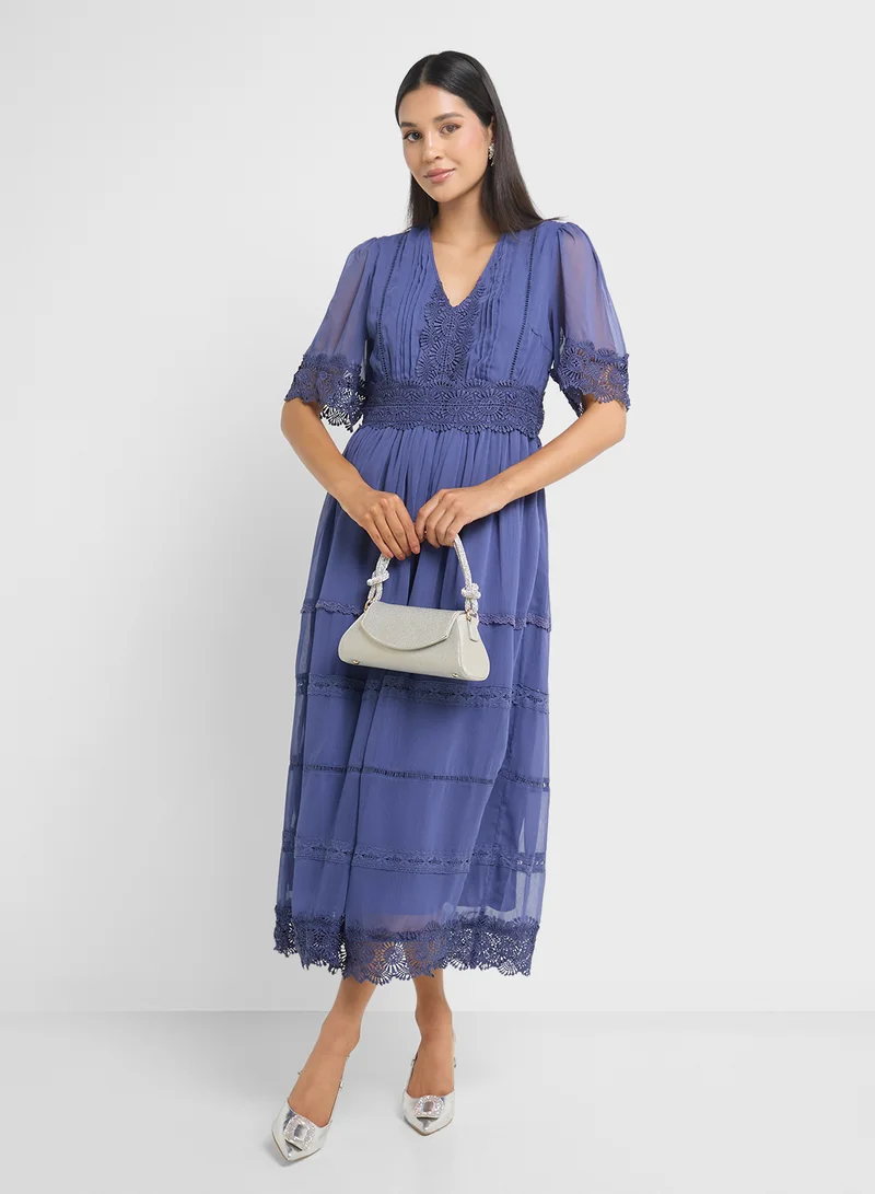 YAS Lace Trimmed Midi Dress