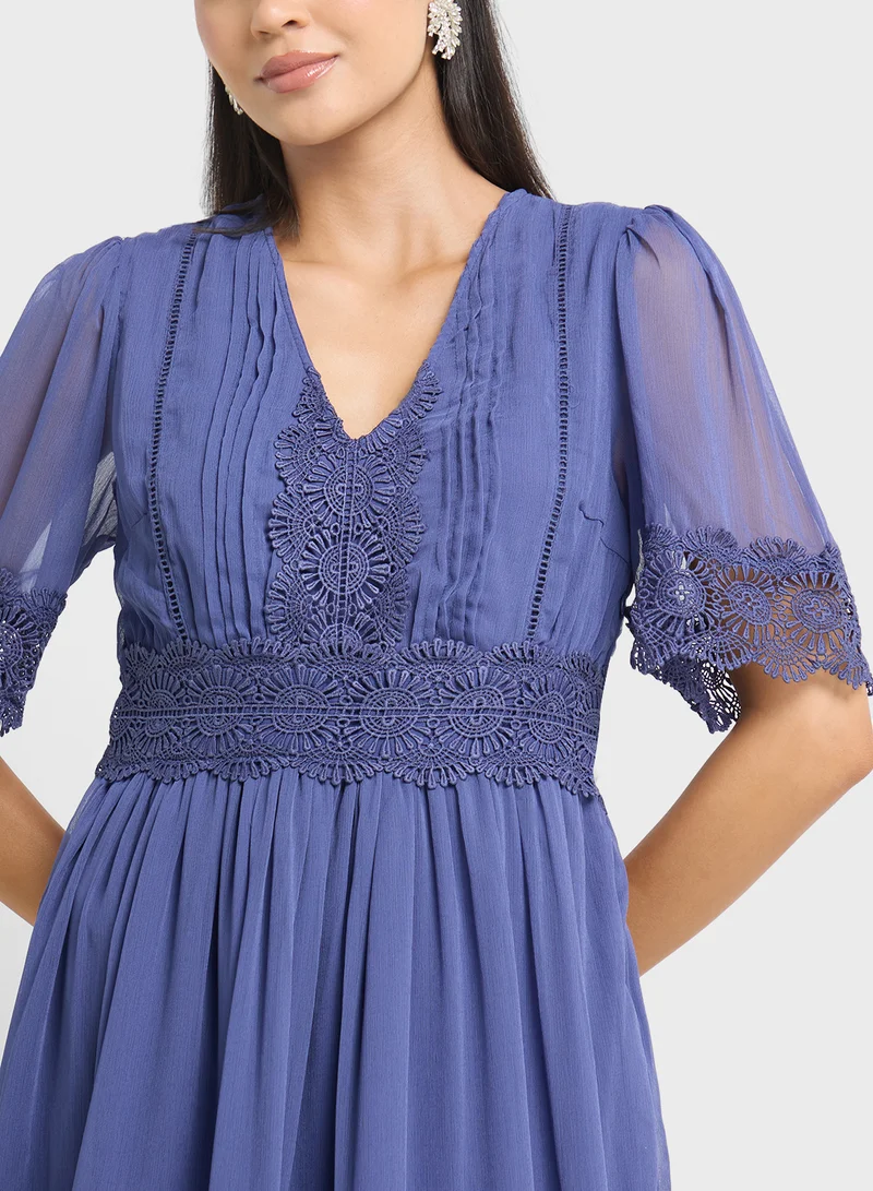 YAS Lace Trimmed Midi Dress