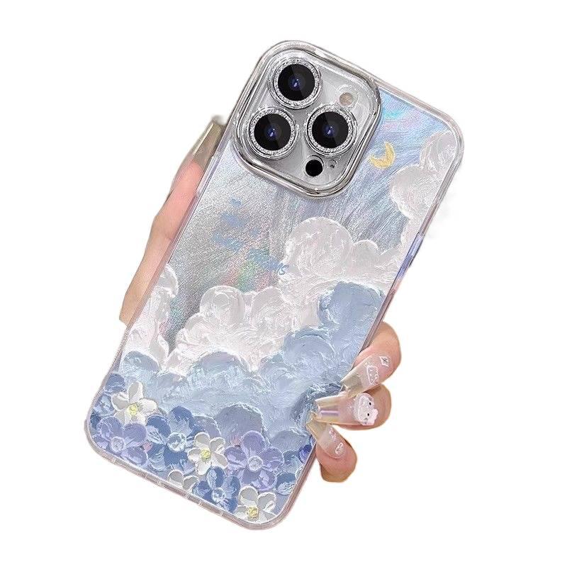 MS غطاء واقي بAcrylic لـ Redmi Note 14 مع حامل قائم وتغطية كاملة مع نقش سحابة زيتية مع حماية العدسة باللون أزرق بوظيفة حامل من الأكريليك باللون الأزرق باللون الأحمر - Image 1