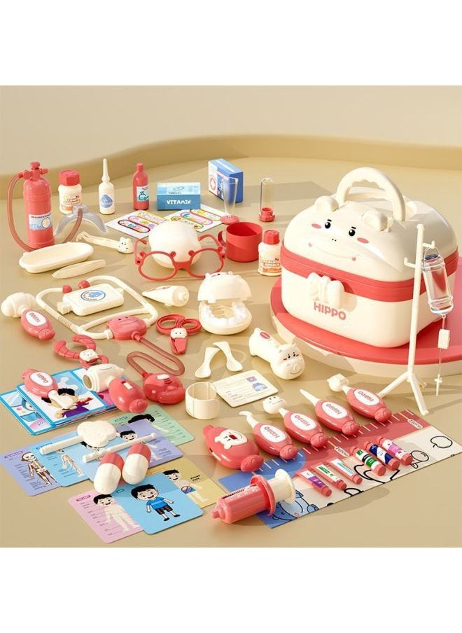 Simulation Children's Medicine Box Toys Full Set Of Small Doctor Equipment Children's Toys Girls Children's Toolbox-Colour:Upgraded [pink Hippo Storage Box] 66-piece Set-Specification:Standard Version  - Image 1